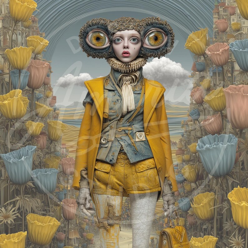 May include: An artistic digital illustration of a person with large, stylized eyes and a yellow coat, standing in a field of colorful, oversized flowers. The person wears a blue vest, yellow shorts, and a white necktie, carrying a matching yellow bag.