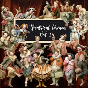May include: A collage of figures in theatrical costumes against a backdrop of red curtains. The figures are in various poses, some reclining, others standing. The text "Theatrical Dreams Vol 1" is displayed on a black rectangle.
