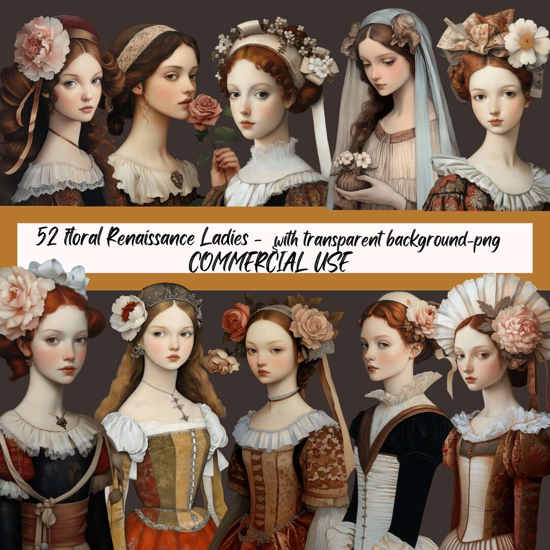 Renaissance Ladies Clipart: Floral Medieval PNG Graphics (digital ...