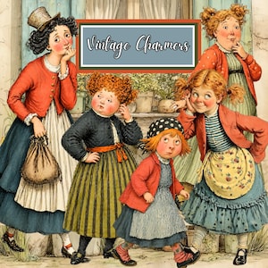 May include: An illustration featuring five young girls in vintage clothing. The girls are wearing dresses, aprons, and jackets in various colors, including red, blue, and green. The image has the text "Vintage Charmers" in a rectangular frame.