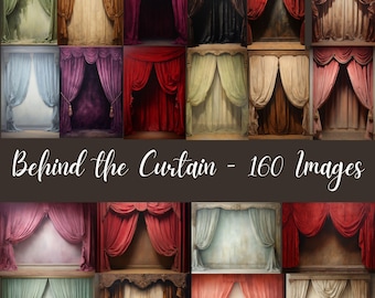 May include: A collage of 160 images featuring various colored curtains with different textures and patterns. The curtains are arranged in a grid pattern, with each image showing a different curtain style. The text "Behind the Curtain - 160 Images" is displayed at the bottom of the collage.
