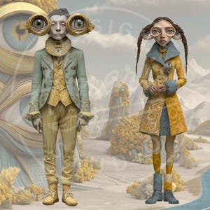 May include: Digital art featuring two figures with large, eye-shaped features. One figure wears a light green and yellow suit with striped pants. The other wears a yellow coat with a blue collar and cuffs. The background depicts a surreal landscape.
