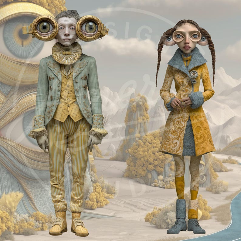 May include: Digital art featuring two figures with large, eye-shaped features. One figure wears a light green and yellow suit with striped pants. The other wears a yellow coat with a blue collar and cuffs. The background depicts a surreal landscape.