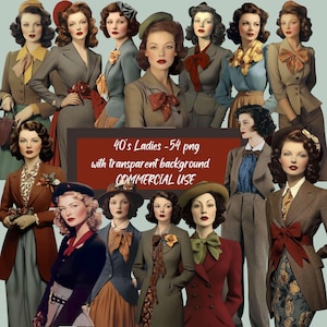 40's Ladies 54 Vintage/Retro 1940's ladies, Printable Elements, Whimsical Illustration world war era, Commercial Use, Digital Download ,  CU