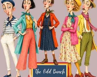 Printable Paper Dolls, Vintage Quirky People Clipart, 68 Retro Characters PNG, Junk Journal Ephemera, Scrapbooking