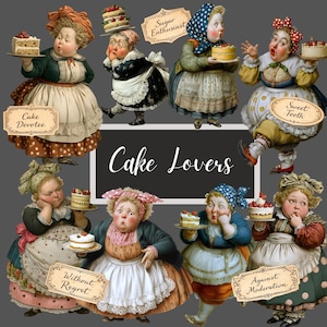 Cake Lovers Clipart Bundle, Vintage Cake Ladies, 46 PNGs and 42 tags , Whimsical Characters, Funny Illustrations, Junk Journal, Collage Art