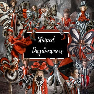 Pode incluir: Uma colagem com várias figuras em trajes extravagantes com asas de borboleta. As roupas são principalmente listradas em preto, branco e vermelho, com toques de vermelho liso. O texto "Striped Daydreamers" é exibido no centro da imagem.