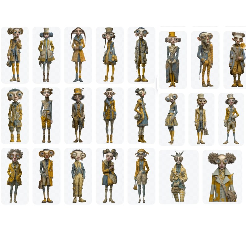 May include: A collection of whimsical, stylized illustrations of humanoid figures. Each figure is dressed in unique outfits with a color palette of yellow, blue, and grey. The figures have large eyes and distinctive features, suggesting a fantasy or artistic theme.