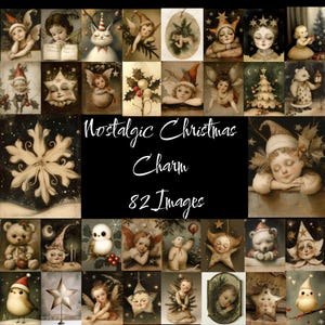 May include: A collage of 82 images featuring a nostalgic Christmas theme. The images include illustrations of angels, stars, snowflakes, and other wintery motifs. The text "Nostalgic Christmas Charm" and "82 Images" is displayed in the centre of the collage.