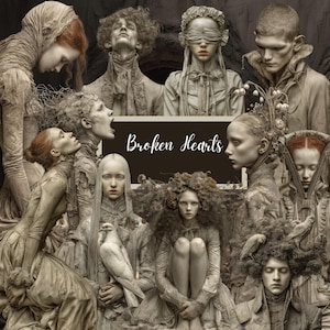 May include: A digital artwork featuring multiple figures in sepia tones, with a dark background. The figures are in various poses, some with blindfolds, and others with birds. The text "Broken Hearts" is displayed on a dark background.