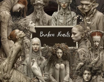 May include: A digital artwork featuring multiple figures in sepia tones, with a dark background. The figures are in various poses, some with blindfolds, and others with birds. The text "Broken Hearts" is displayed on a dark background.