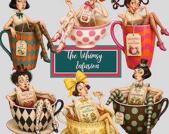 Puede incluir: Una ilustración digital que muestra a seis personajes estilizados sentados en tazas de té estampadas, cada uno con una etiqueta de bolsita de té con sabores como Yuzu y Arándano, Escaramujo, Fruta del dragón, Té blanco, Mirto limón y Pera.