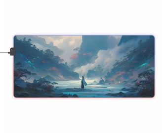 May include: A digital art print depicting a solitary figure standing on a riverbank in a misty, mountainous landscape. The scene is painted in shades of blue, purple, and pink, with a soft, ethereal quality.