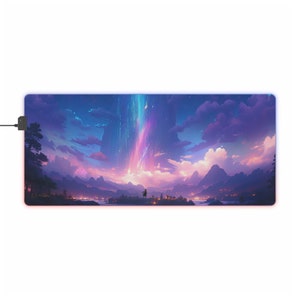 May include: A purple and blue mouse pad with a colorful aurora borealis scene and a silhouette of a person standing in a field. The mouse pad has a black edge and a black USB cable.