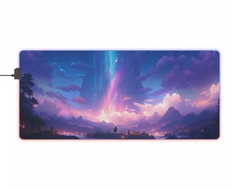 May include: A purple and blue mouse mat with a colourful aurora borealis scene and a silhouette of a person standing in a field. The mouse mat has a black edge and a black USB cable.