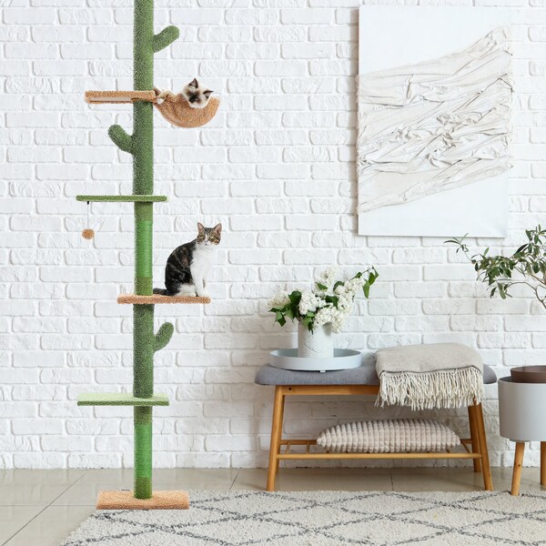 Grande tour pour arbre à chat cactus, tour pour chat de haute qualité, tour du sol au plafond réglable à plusieurs niveaux avec griffoir en sisal