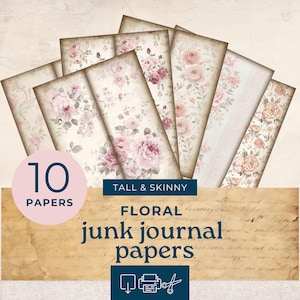 Shabby Chic floral  Tall and Skinny Junk Journal printables , floral skinny journal paper, junk journal kit, junk journal ephemera