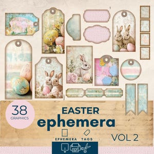 easter junk journal ephemera,  pastel pink and teal junk journal extras,  printable paper scrapbook kit, junk journal easter ephemera