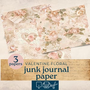 Valentinstag nahtlose Muster, floral rosa druckbare Ephemera, Hintergrundpapier digitaler Download, Papiermodell, 3 digitale Journalseiten