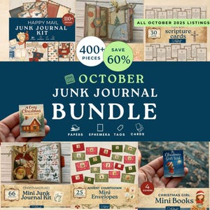 Puede incluir: Imagen promocional para un paquete de diarios basura de octubre. La imagen presenta varios mini diarios, efímeras y tarjetas. El texto incluye "Happy Mail Junk Journal Kit", "Christmas Plaid Mini Junk Journal Kit" y "Christmas Girl Mini Books". El paquete incluye más de 400 piezas y ahorra un 60%.