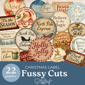 Puede incluir: Una colección de 22 etiquetas navideñas recortadas con diseños variados. Las etiquetas presentan frases festivas como "Noel", "Holly Jolly" y "Deck the Halls", junto con imágenes de Papá Noel, renos y escenas invernales.