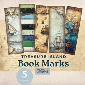 May include: Set of five "Treasure Island" themed bookmarks. Each bookmark features vintage nautical illustrations of ships, maps, and compasses. The bookmarks have a variety of colors, including blue, brown, and green.
