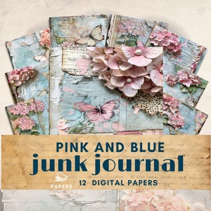 Pages de journal indésirables florales roses et bleues pastel, articles éphémères de journal shabby chic, kit de création artistique pastel aquarelle, pages de journal indésirables imprimables