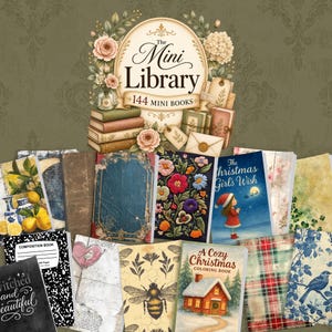 May include: An assortment of miniature books with diverse covers, including floral, bee, and Christmas designs. The image displays a central sign reading "The Mini Library" with "144 MINI BOOKS" beneath. Some books feature the text "A Cozy Christmas Coloring Book" and "The Christmas Girl's Wish".