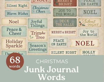 May include: A collection of rectangular Christmas-themed word tags in various colors, including beige, red, and green. The tags feature phrases like "Noel," "Merry & Bright," and "Peace on Earth." The image also includes the text "Christmas Junk Journal Words."