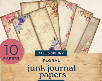 floral Tall and Skinny Junk Journal printables , lined  floral skinny journal paper,  junk journal kit, junk  journal ephemera
