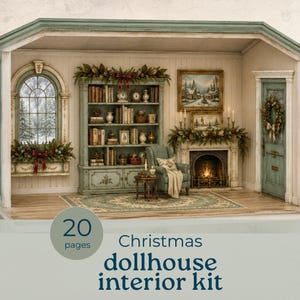 Puede incluir: Un kit de interior de casa de muñecas navideña de 20 páginas con una habitación con chimenea, estantería, sillón y ventana. La escena incluye vegetación festiva, una corona y pinturas de paisajes invernales. Texto: 20 pages Christmas dollhouse interior kit.