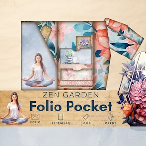 Zen Garten Junk Journal Folio, Meditation Folio pdf, Papiermodell, dreifach faltbare Tasche Ephemera, Sukkulenten Pflanze zum Ausdrucken