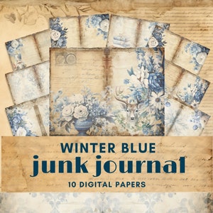 Diario spazzatura Winter Wonderland carta digitale, materiale effimero stampabile in damasco blu, album di ritagli di carta riciclata con collage invernale vintage, collage di carta