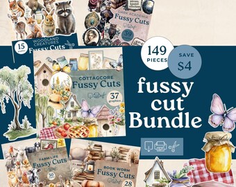 May include: A collection of fussy cut graphics with diverse themes. The bundle includes woodland creatures, dark academia, cottagecore, farm life, and book worm designs. The bundle contains 149 pieces and saves £3.18.