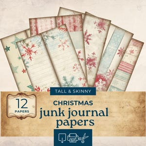 Christmas tall and Skinny Junk Journal printables , pastel holiday snowflake tall skinny journal, junk journal pages, journal ephemera