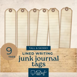Könnte beinhalten: Neun hohe und schmale Junk-Journal-Tags mit linierten Schriftzügen. Die Tags sind cremefarben mit horizontalen Linien und einem kleinen Loch oben. Der Text "TALL & SKINNY" und "junk journal tags" ist ebenfalls sichtbar.