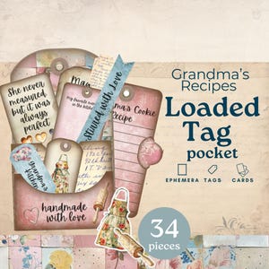 Etiquetas de bolsillo para diario basura de la abuela, etiquetas para diario basura cargadas, kit para diario basura de la abuela, efímeras, collage de papel para scrapbooking