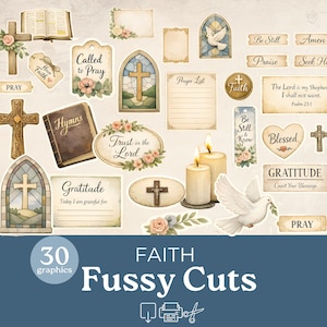 Puede incluir: Una colección de recortes minuciosos con temática de fe con varios diseños. Incluye cruces, palomas, velas y textos como "Reza", "Bendecido" y "Gratitud". También se muestran las palabras "Fe" y "Fussy Cuts".