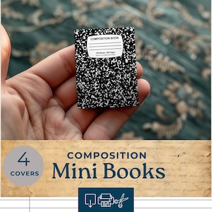 May include: A tiny composition book with a black and white speckled cover, held in a hand. The book has a white label that reads "COMPOSITION BOOK" and "100 Sheets 200 Pages". The image also shows the text "4 COVERS" and "COMPOSITION Mini Books".