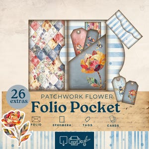 Patchwork Junk Journal folio, patchwork flower fussy cuts, trifold ephemera, printable paper craft, shabby chic junk journal