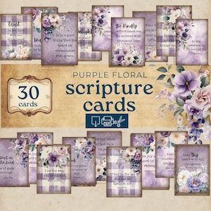 May include: A collection of 30 purple floral scripture cards. Each card displays a Bible verse alongside a floral arrangement. The cards have a vintage style, with purple, white, and cream tones. The text "Purple Floral Scripture Cards" is visible.