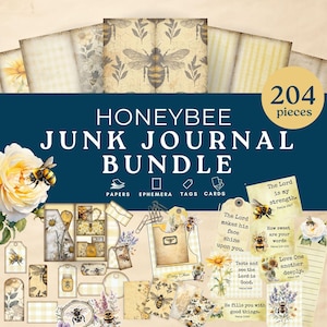 May include: A Honeybee Junk Journal Bundle with 204 pieces. The bundle includes papers, ephemera, tags, and cards. The design features bee illustrations, floral accents, and inspirational quotes. The color palette includes yellow, cream, and navy blue.
