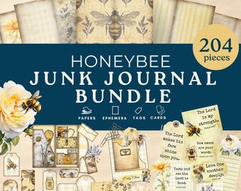 Honey Bee Junk Journal Kit , scripture scraps ephemera, bee loaded tags, hidden paperclips printable, bee fussy cuts, honeybee mini book