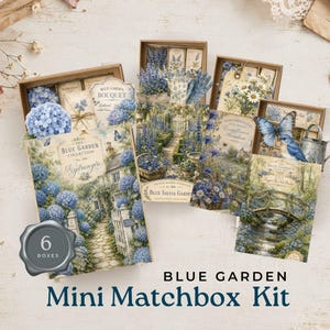 May include: A Blue Garden collection mini matchbox kit containing 6 boxes. Each box features blue floral illustrations, including hydrangeas, butterflies, and garden scenes. The set includes various paper ephemera, tags, and decorative elements with text such as The Blue Garden Collection, Hydrangea, Blue Garden Bouquet, and Blue Salvia Garden.