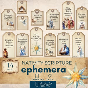 May include: A set of 14 vintage-style Nativity Scripture ephemera tags. Each tag displays a different biblical verse and illustration, including scenes of the Nativity, angels, and the Star of Bethlehem. The tags are beige with a distressed appearance.