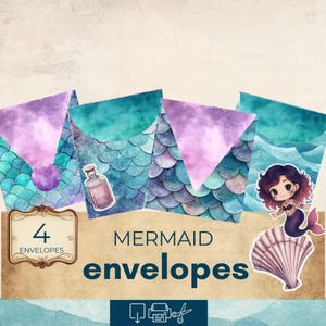 Mermaid Junk Journal-enveloppen, kieskeurige zeemeermin, groenblauw en paars, fantasiedagboek, efemere, afdrukbare papieren plakboekkit