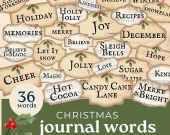 Christmas word labels junk journal , junk journal words printable, vintage holly embellishments ephemera, junk journal words and phrases