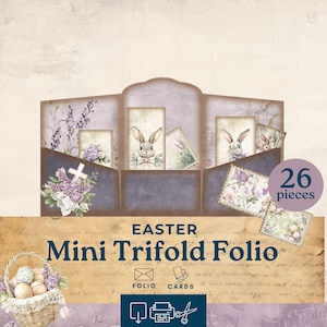 Mini folio junkjournaal vouwen, paasjournaal folio, driebladige minifolio afdrukbaar, lavendel en groen kortstondig papier, kieskeurige sneden