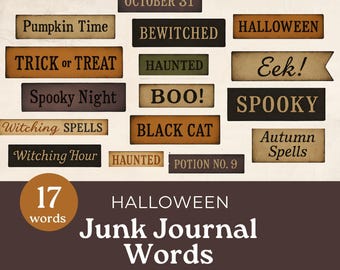 May include: A collection of rectangular labels featuring Halloween-themed phrases including Pumpkin Time, October 31, Bewitched, Halloween, Trick or Treat, Haunted, Eek, Spooky Night, Boo, Black Cat, Spooky, Witching Spells, Witching Hour, and Potion No. 9.