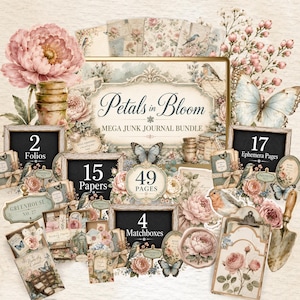 May include: A digital junk journal bundle titled Petals in Bloom, featuring floral illustrations, butterflies, birds, and garden tools. The set includes 2 folios, 15 papers, 49 pages, and 4 matchboxes, all decorated with soft pink, green, and cream botanical motifs.